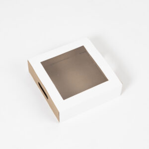 Caja bandeja carton microcorrugado y funda de cartulina con visor 25x25x7 – 10 u